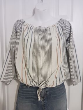 Roxy Striped Tie-Front Off-Shoulder Top - White, Blue & Rust- Medium